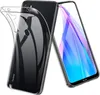 A transparent phone case is shown partially covering a black smartphone, with the phone's screen displaying a colorful abstract design. The case is positioned to the left, and the phone is angled to the right. Produktbild-Vorschau