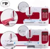 Collage of images showing a CARINA De Luxe computer sewing machine with close-ups of features and dimensions. Produktbild-Vorschau