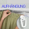 A person is shown attaching a curtain to a curtain rail using a hook. Produktbild-Vorschau