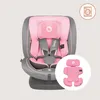 A pink and gray car seat is shown against a light gray background, with a circular inset showing a pink infant insert. Produktbild-Vorschau