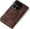 A brown leather flip case for a smartphone is shown against a white background. Produktbild-Vorschau