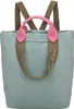 A close-up front view of a light blue backpack with khaki straps and pink handles. Voir les images du produit