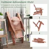 A folded Adirondack chair is shown against a wooden wall and a white railing, with several in-context product shots displayed in smaller boxes. Produktbild-Vorschau