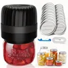 A collection of items for food preservation, including a vacuum sealer, jars filled with fruit and vegetables, and lids. Produktbild-Vorschau