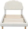 A white upholstered bed frame with a cloud-shaped headboard and wooden legs, shown without a mattress. Produktbild-Vorschau
