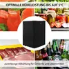 A collage of images showing a black mini-fridge, food items like watermelon, jars of preserves, raw meat, and bottles of beverages, with text overlays highlighting cooling performance and reliability. Anteprima dell’immagine prodotto