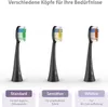 Three different toothbrush heads are displayed side-by-side, each with a different color scheme and labeled with its intended use. Produktbild-Vorschau