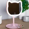 A pink cat-shaped makeup mirror with LED lights is displayed on a wooden surface, with a plant and a decorative pot in the background. Voir les images du produit