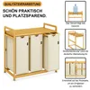 A multi-panel image showcasing a bamboo laundry basket with three fabric compartments, along with illustrative graphics highlighting its features and construction. Anteprima dell’immagine prodotto