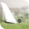 A product image of a white LED ceiling lamp with marketing graphics and text. Produktbild-Vorschau