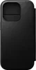 A black iPhone case with a camera cutout and a flap is shown against a black background. Produktbild-Vorschau