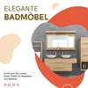 A modern bathroom vanity with double sinks and a large mirror, presented with decorative graphic elements and text. Produktbild-Vorschau