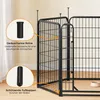 A black metal dog playpen with informational callouts highlighting its features. Produktbild-Vorschau