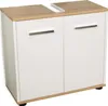 A white bathroom vanity cabinet with a wood-effect top and two doors, featuring chrome handles. The cabinet has a cutout at the top for a sink. Produktbild-Vorschau