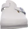 A close-up, front-facing view of a white clog-style shoe with a blue buckle. Produktbild-Vorschau