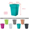 A collage of different colored flower pots with dimensions and volume indicated for one of them. Produktbild-Vorschau
