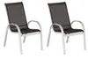 Two black outdoor chairs with silver frames are shown against a white background.