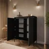 A black cabinet with open doors in a room with beige walls and wooden floor. Produktbild-Vorschau
