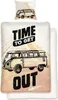A bedding set featuring a vintage Volkswagen bus illustration and text.