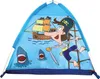 A cartoon illustration of a pirate tent with a pirate, a ship, and sharks. Náhled obrázku produktu