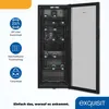 A wine cooler with its door open, showcasing its interior shelves and bottles, with marketing icons and text on the left side. Produktbild-Vorschau