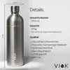 A stainless steel water bottle with product details and dimensions displayed next to it. Produktbild-Vorschau