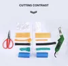 A collection of tools and materials for cutting and sealing fabric or rope, arranged in two columns. Produktbild-Vorschau