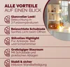 A collage showing features and benefits of a white vanity table with LED lights and a mirror. Produktbild-Vorschau