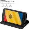 A black flip case for a Motorola phone is shown in a promotional image, with illustrations of its stand function. Náhľad obrázku produktu