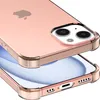 A close-up, angled view of a rose gold iPhone 15 Plus in a transparent protective case. Produktbild-Vorschau