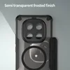 Close-up of a phone case with a semi-transparent frosted finish, showing the camera module and a magnetic ring. Anteprima dell’immagine prodotto