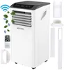 A white portable air conditioner with a gray top, shown with accessories and graphical elements indicating WiFi connectivity and airflow. Voir les images du produit