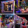 Collage of four images showing Christmas lights decorating houses, a table setting, and a Santa Claus inflatable. Produktbild-Vorschau