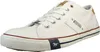 A white canvas sneaker with brown accents and colored stripes on the sole. Produktbild-Vorschau