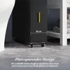 A narrow black cabinet with a yellow handle is shown on wheels, placed next to a white object and a white shelving unit with towels. Text overlays indicate dimensions and features. Produktbild-Vorschau