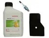 A bottle of Honda 10W-30 oil, a spark plug, and an air filter are arranged on a white background. Produktbild-Vorschau