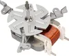 A close-up view of a hot air fan motor, likely for an oven, showing the copper windings, fan blades, and mounting brackets. Produktbild-Vorschau