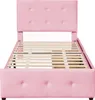 A pink upholstered twin bed frame without a mattress. Produktbild-Vorschau