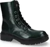 A single green patent leather boot with black laces and a thick black sole, shown from a side-angle against a white background. Produktbild-Vorschau