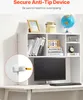 A white desk shelf organizer with shelves filled with books, a calendar, a clock, and decorative items, featuring a computer monitor and keyboard below. An inset shows an anti-tip device installation detail. Voir les images du produit