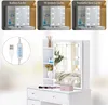 A collage of images showing a white vanity table with a mirror and LED lights, demonstrating different lighting options and a close-up of the light controls. Voir les images du produit