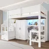 A white loft bed with integrated wardrobe, desk, and bookshelf, featuring LED lighting. Voir les images du produit