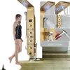 A collage of images showcasing a gold LED shower panel with a woman using it, close-ups of its features, and a bathtub. Anteprima dell’immagine prodotto
