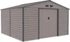 A 3D rendering of a brown metal shed with a large double door and two ventilation slots on the front gable. Náhľad obrázku produktu
