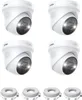 Four white security cameras and four coiled white cables are arranged in a grid against a white background. Produktbild-Vorschau