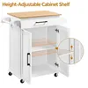 A white kitchen cart with a wooden top and open cabinet doors, showing adjustable shelves. Produktbild-Vorschau