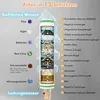 A diagram showing the 15 layers of a water filter, with labels indicating what each layer filters out. Produktbild-Vorschau