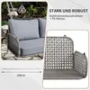 A close-up view of a grey rattan swing chair with cushions, showing its construction and dimensions. Produktbild-Vorschau
