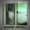 A collage of images showing a green phone case and screen protector for a Samsung Galaxy S23 Ultra. Produktbild-Vorschau