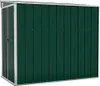 A dark green metal shed with silver trim, shown from the front. Náhľad obrázku produktu